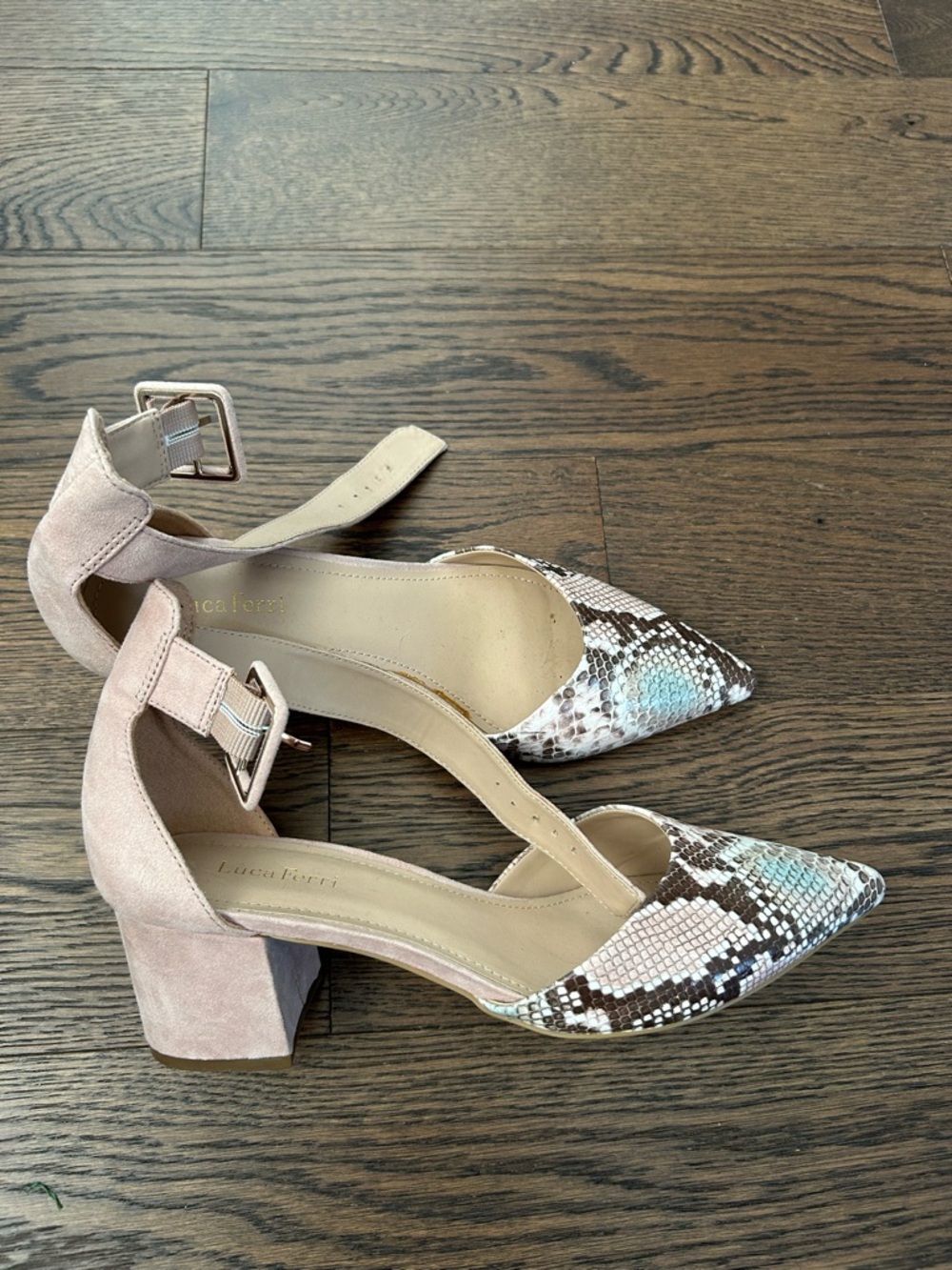 Pink Suede & Snakeskin Block Heel Pumps